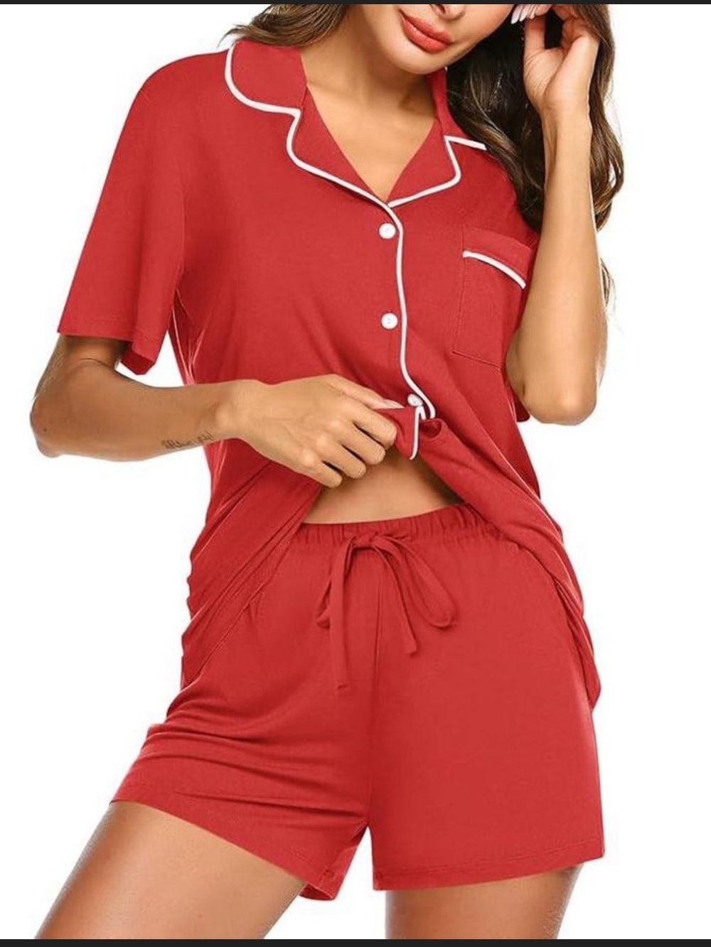 Ekouaer Soft Red Short-Sleeve Pajama Set